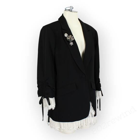 Sz12 NEW CinqASept Roxie Blazer Silk LaceTrim Crepe Brooch Tailored 3/4Sleeve - Picture 6 of 16